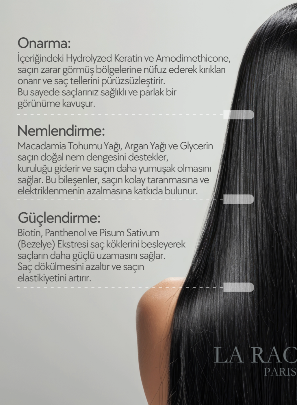 Keratin ve besleyici yağlarla formüle edilmiş La Rachel yoğun bakım maskesi.