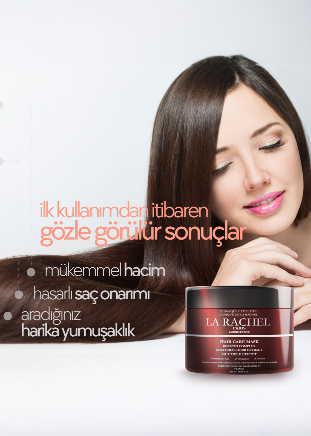 Profesyonel bakım etkisiyle saç tellerini güçlendiren La Rachel saç maskesi.