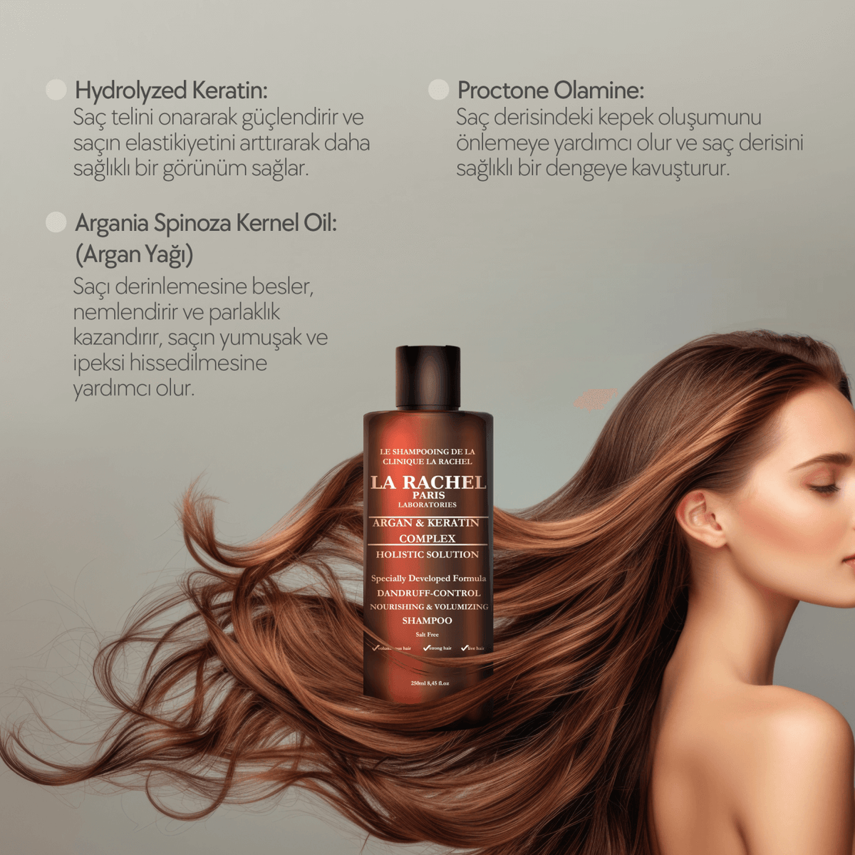Argan ve keratin içeren La Rachel şampuan ile arındırıcı saç bakımı