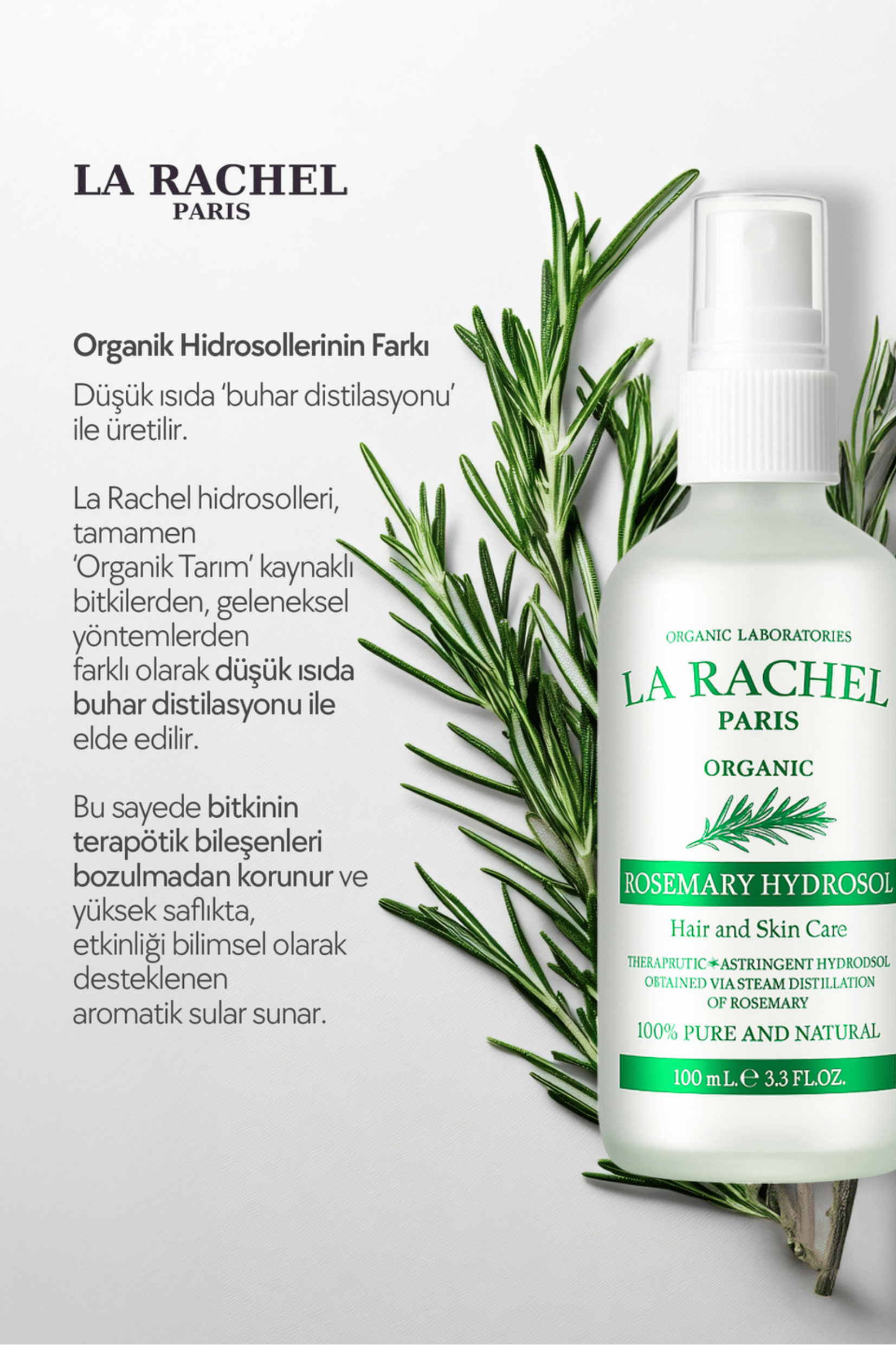Aromaterapi için kullanılan rahatlatıcı ve ferahlatıcı biberiye hidrosolü.
