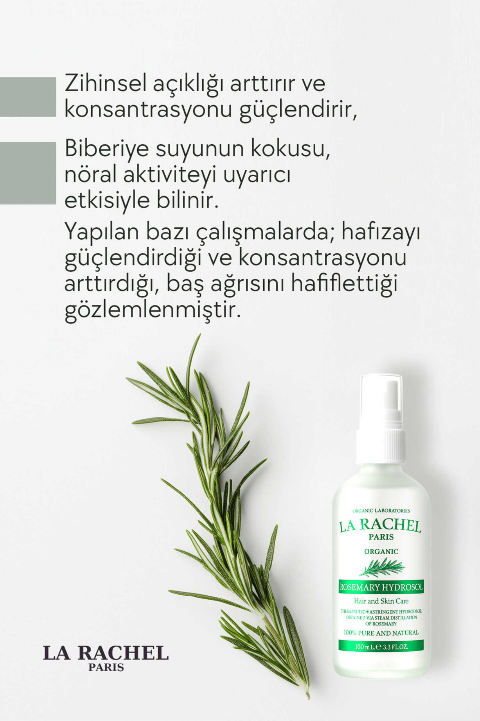 Saç derisini canlandıran ve kepeği azaltmaya yardımcı biberiye hidrosolü.