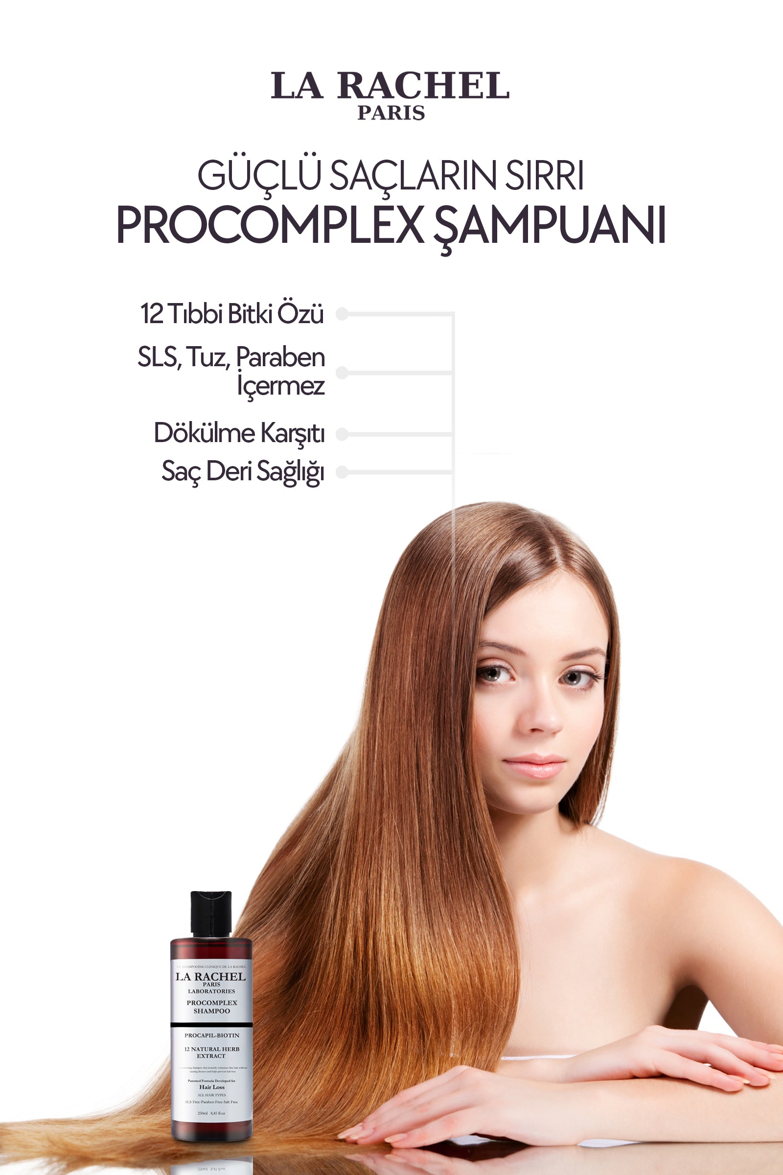 Saç köklerini güçlendirerek dökülmeyi azaltan La Rachel Procomplex şampuan.