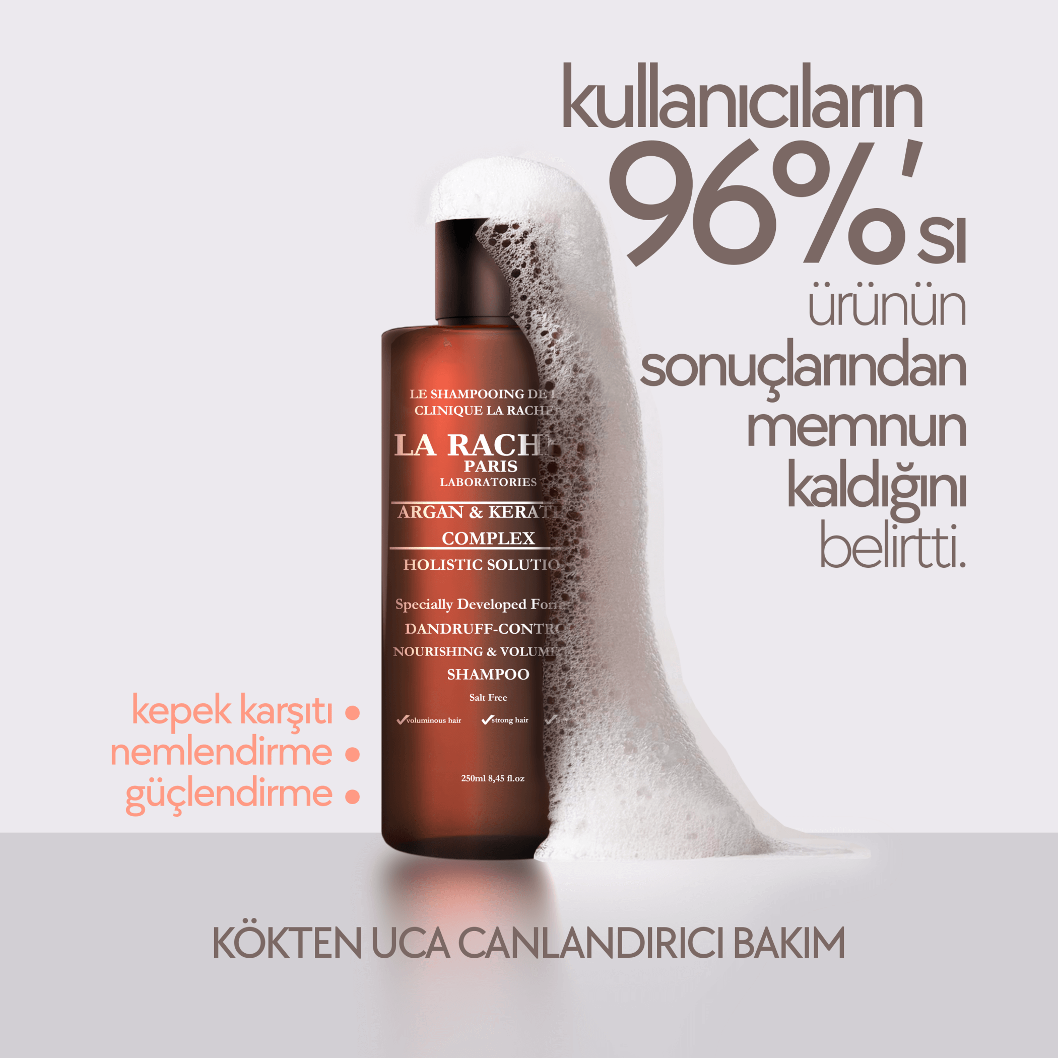 Düzenli kullanımda kepeği azaltan ve parlaklık veren argan keratin complex şampuan.