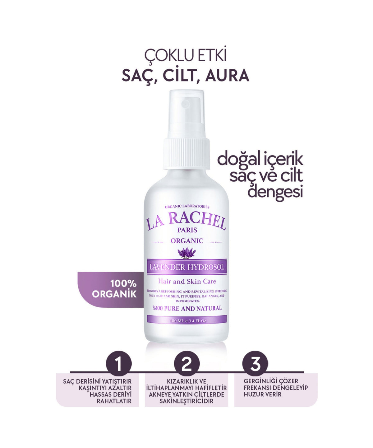 La Rachel organik lavanta hidrosolü ile saç ve cilt için ferah bakım