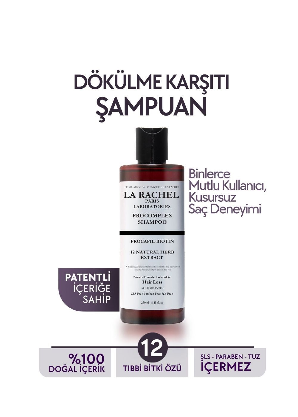 Düzenli kullanımda saç dökülmesini azaltmaya yardımcı La Rachel Procomplex şampuan şişesi.